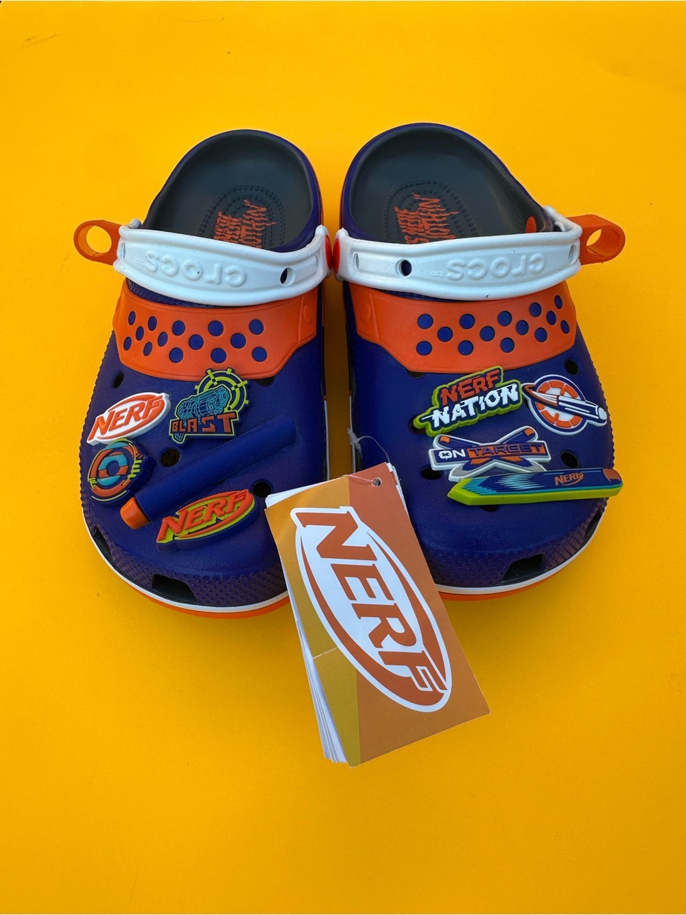 Brand New Limited Edition Nerf Classic Crocs with 5 additional Nerf jibbitz (J6)